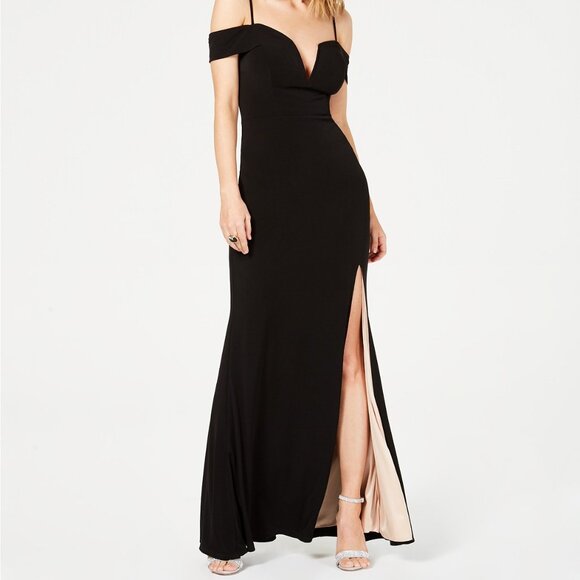City Studios Juniors' Off-The-Shoulder Gown Black/Peach - Picture 4 of 4